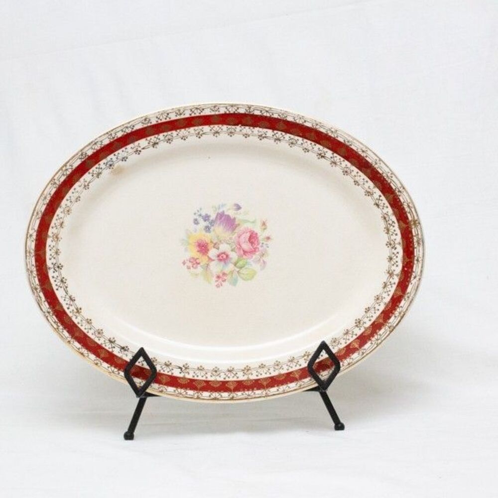 Vgt Stetson China Oval Platter 22-karat Gold Filigree Floral Center 14" x 10"
